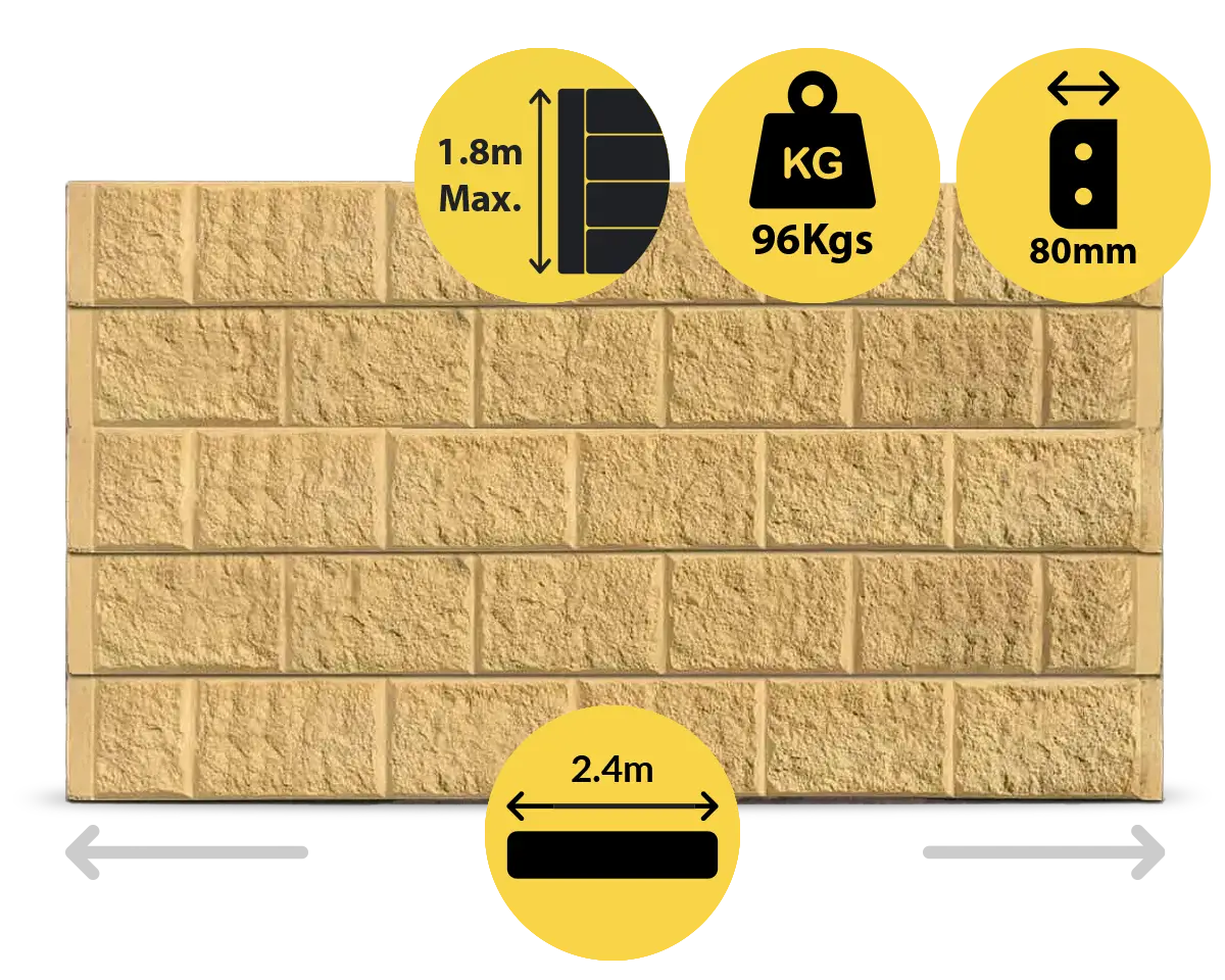 The Arizona 2400 x 200 x 80mm Sandstone Yellow Colour Block Face Concrete Sleepers for Retaining Walls Sold by Sunset Sleepers The Arizona 2400 x 200 x 80mm Sandstone Yellow Colour Block Face Concrete Sleepers for Retaining Walls Sold by Sunset Sleepers