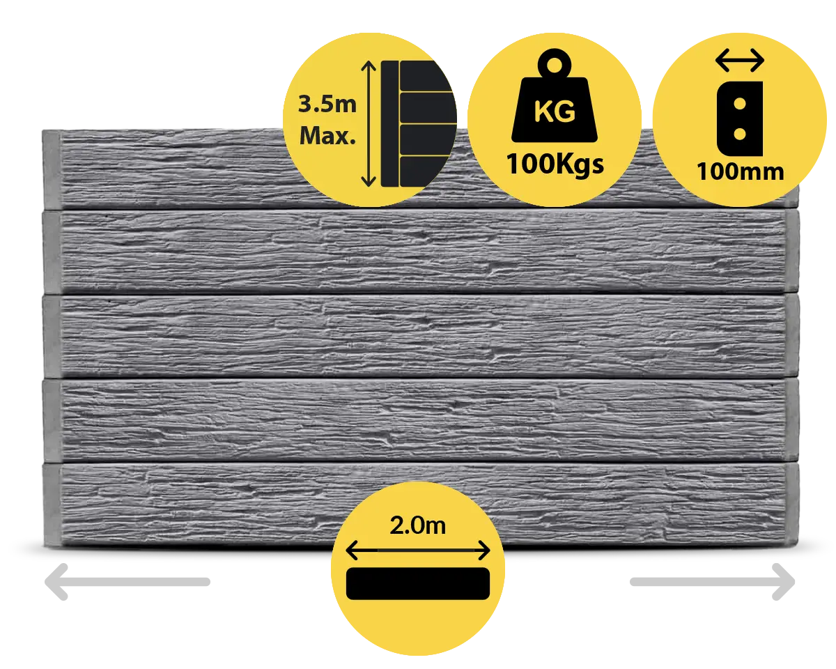 The Malibu 2000 x 200 x 100mm Charcoal Graphite Colour Woodgrain Wood Look Concrete Sleepers for Retaining Walls Sold by Sunset Sleepers The Malibu 2000 x 200 x 100mm Charcoal Graphite Colour Woodgrain Wood Look Concrete Sleepers for Retaining Walls Sold by Sunset Sleepers