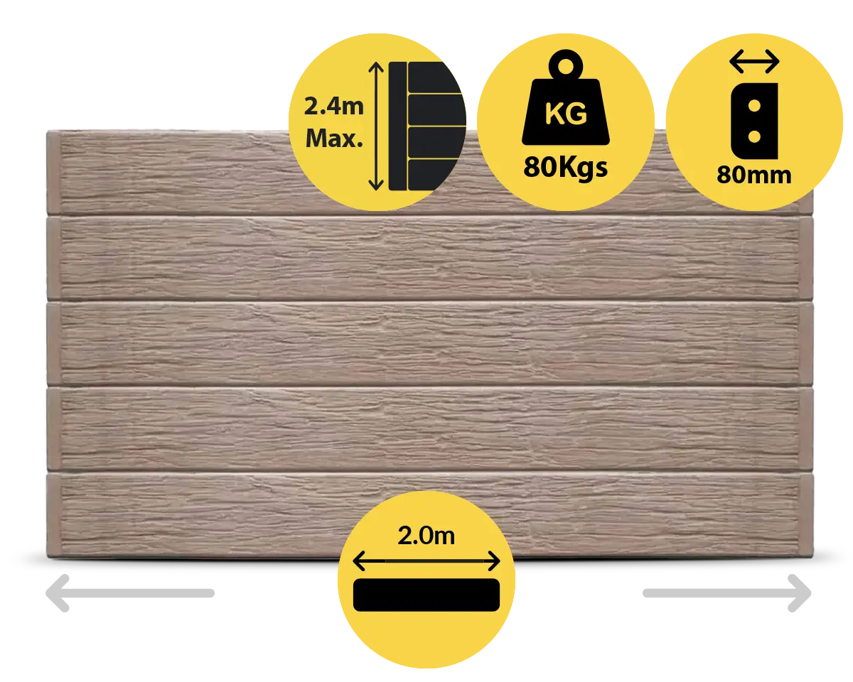 The Malibu 2000 x 200 x 80mm Jasper Brown Colour Woodgrain Wood Look Concrete Sleepers for Retaining Walls Sold by Sunset Sleepers The Malibu 2000 x 200 x 80mm Jasper Brown Colour Woodgrain Wood Look Concrete Sleepers for Retaining Walls Sold by Sunset Sleepers