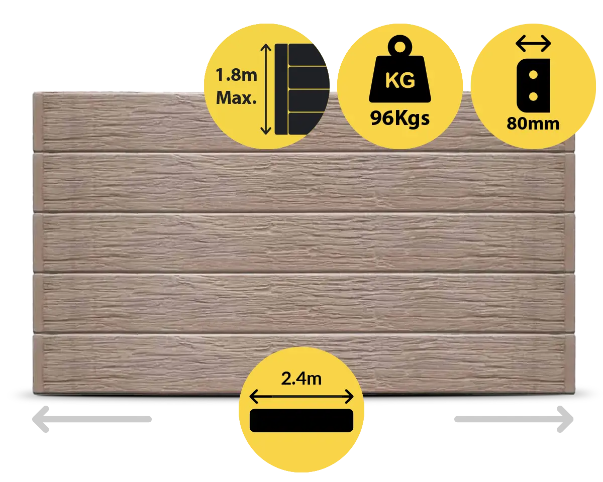 The Malibu 2400 x 200 x 80mm Jasper Brown Colour Woodgrain Wood Look Concrete Sleepers for Retaining Walls Sold by Sunset Sleepers The Malibu 2400 x 200 x 80mm Jasper Brown Colour Woodgrain Wood Look Concrete Sleepers for Retaining Walls Sold by Sunset Sleepers