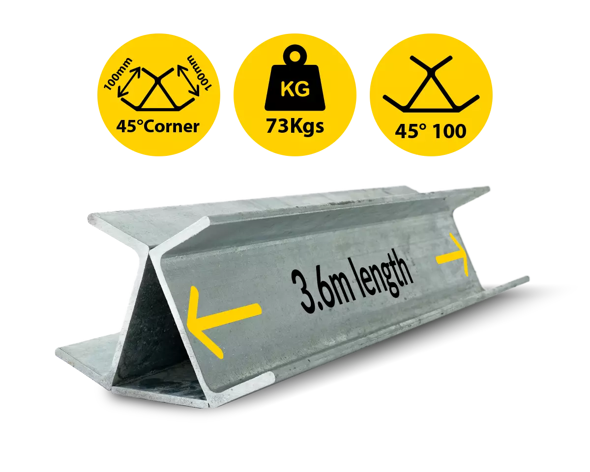 45@3.6|073 3600mm 45 Degree Galvanised Steel Corner Joiner Post to Support The Gentle Angle Deviations of a 80mm Concrete Sleeper Retaining Wall by Sunset Sleepers 45@3.6|073 3600mm 45 Degree Galvanised Steel Corner Joiner Post to Support The Gentle Angle Deviations of a 80mm Concrete Sleeper Retaining Wall by Sunset Sleepers