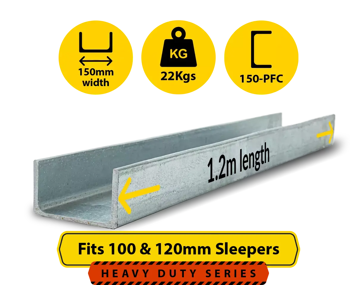 C1.2 150PFC.22 PCF 150 18.15 C Channel Galvanised Steel Beam Posts to Support The End Panels of a 100 120mm Concrete Sleeper Retaining Wall by Sunset Sleepers C1.2 150PFC.22 PCF 150 18.15 C Channel Galvanised Steel Beam Posts to Support The End Panels of a 100 120mm Concrete Sleeper Retaining Wall by Sunset Sleepers