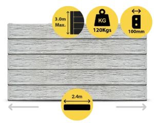 The Malibu 2400 x 200 x 100mm Plain Grey Colour Woodgrain Wood Look Concrete Sleepers for Retaining Walls Sold by Sunset Sleepers